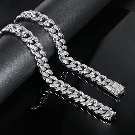 15mm Cuban Bracelet with Cubic Zirconia 8Inch 8.5Inch