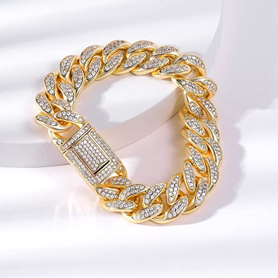 15mm 18K Gold Plated Cuban Link Bracelet with Cubic Zirconia