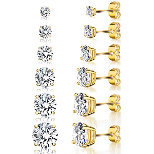 18K Yellow Gold / White Gold Plated Stud Earrings 4 Prong Brilliant Round Cut 3-7MM Cubic Zirconia Earring Studs Set