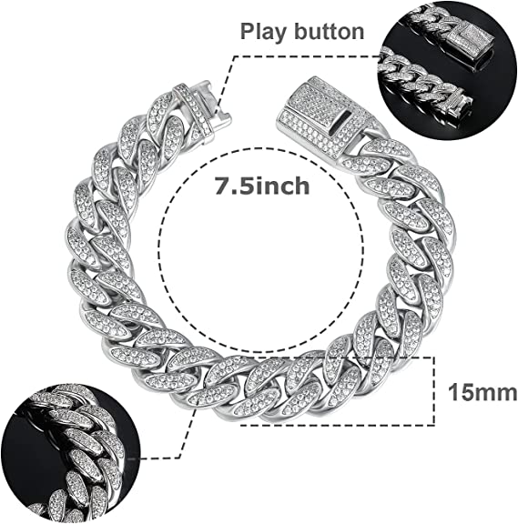 15mm Cuban Bracelet with Cubic Zirconia 8Inch 8.5Inch