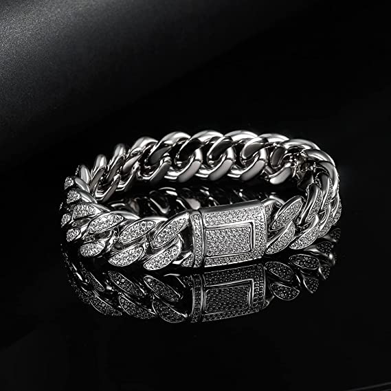15mm Cuban Bracelet with Cubic Zirconia 8Inch 8.5Inch