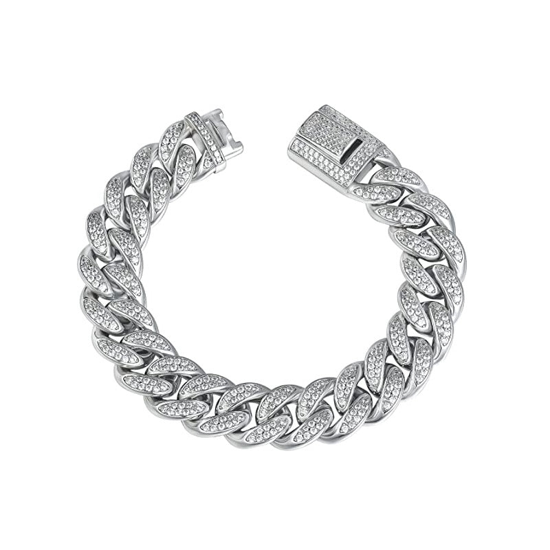 15mm Cuban Bracelet with Cubic Zirconia 8Inch 8.5Inch