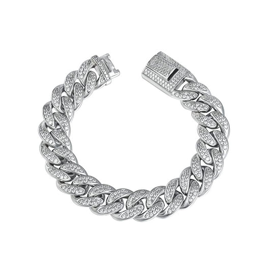 15mm Cuban Bracelet with Cubic Zirconia 8Inch 8.5Inch