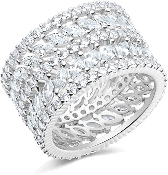 5-9.5 Inch 13mm Marquise Shape Eternity Statement Ring for Women 14K White Gold Plated