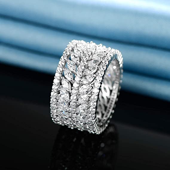 5-9.5 Inch 13mm Marquise Shape Eternity Statement Ring for Women 14K White Gold Plated