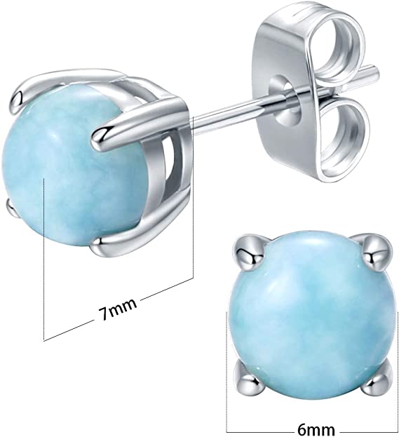 6mm Sterling Silver Stud Earrings Blue Gemstone Hypoallergenic Jewelry for Women