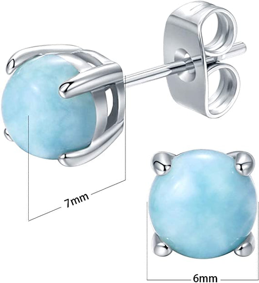 6mm Sterling Silver Stud Earrings Blue Gemstone Hypoallergenic Jewelry for Women