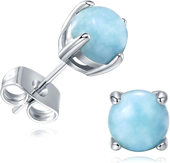 6mm Sterling Silver Stud Earrings Blue Gemstone Hypoallergenic Jewelry for Women