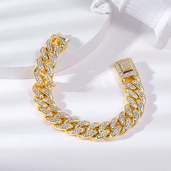 15mm 18K Gold Plated Cuban Link Bracelet with Cubic Zirconia