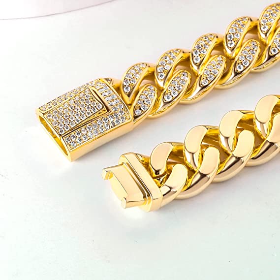15mm 18K Gold Plated Cuban Link Bracelet with Cubic Zirconia