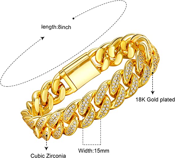 15mm 18K Gold Plated Cuban Link Bracelet with Cubic Zirconia