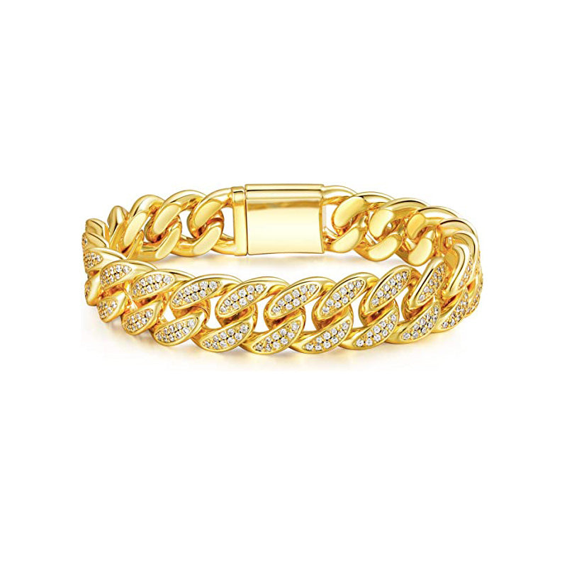 15mm 18K Gold Plated Cuban Link Bracelet with Cubic Zirconia