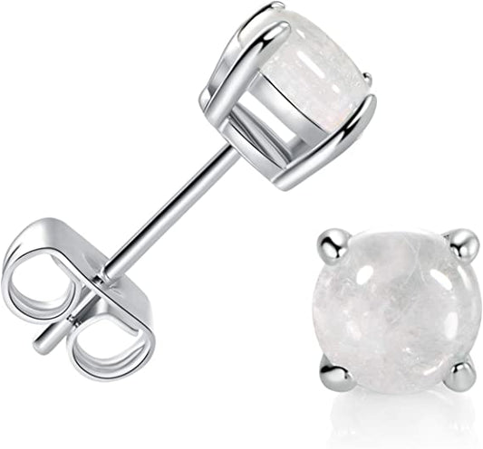 925 Sterling Silver Stud Earrings White Moonstone Hypoallergenic Jewelry for Women