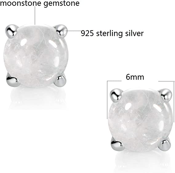 925 Sterling Silver Stud Earrings White Moonstone Hypoallergenic Jewelry for Women