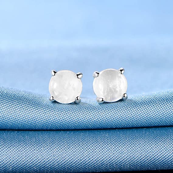 925 Sterling Silver Stud Earrings White Moonstone Hypoallergenic Jewelry for Women