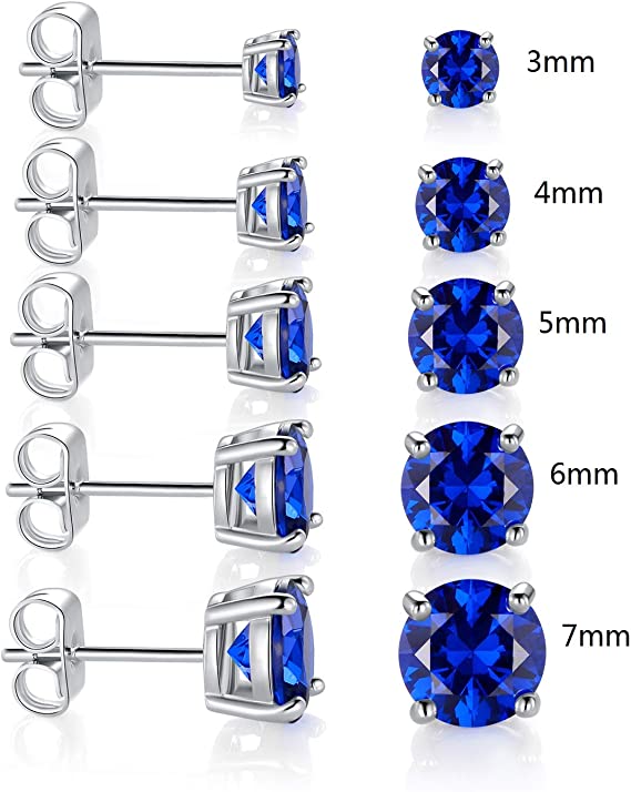 Pack of 5 Pairs 18K White Gold Plated Stud Earrings 3-7mm Sapphire Cubic Zirconia