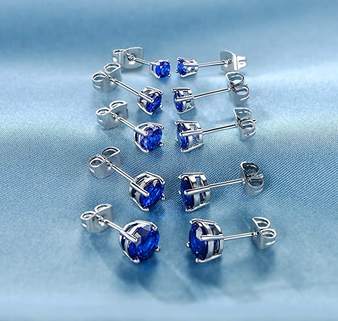 Pack of 5 Pairs 18K White Gold Plated Stud Earrings 3-7mm Sapphire Cubic Zirconia