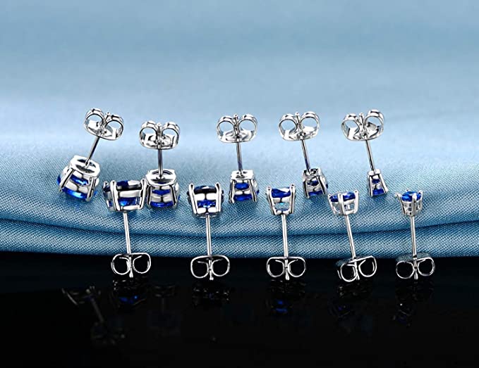 Pack of 5 Pairs 18K White Gold Plated Stud Earrings 3-7mm Sapphire Cubic Zirconia