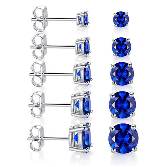 Pack of 5 Pairs 18K White Gold Plated Stud Earrings 3-7mm Sapphire Cubic Zirconia