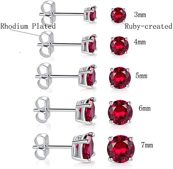 Pack of 5 Pairs 18K White Gold Plated Stud Earrings 3-7mm Ruby Cubic Zirconia