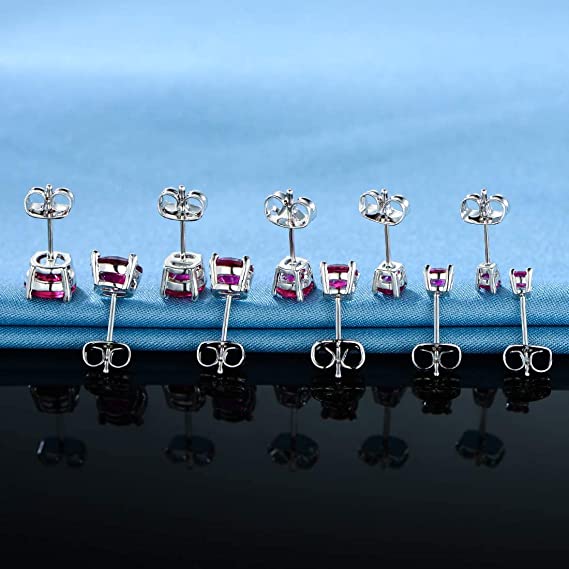 Pack of 5 Pairs 18K White Gold Plated Stud Earrings 3-7mm Ruby Cubic Zirconia