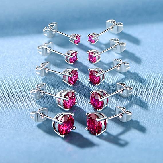 Pack of 5 Pairs 18K White Gold Plated Stud Earrings 3-7mm Ruby Cubic Zirconia
