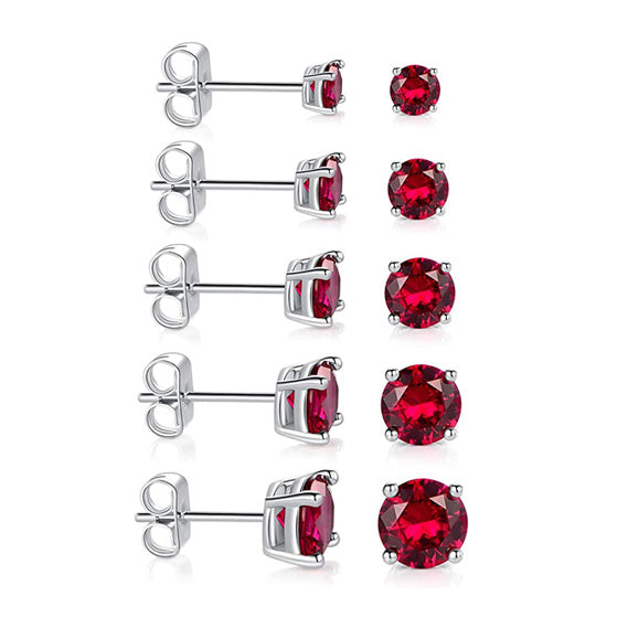Pack of 5 Pairs 18K White Gold Plated Stud Earrings 3-7mm Ruby Cubic Zirconia