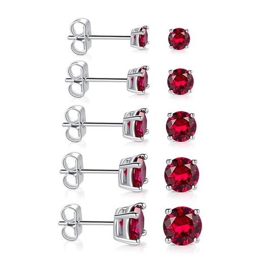 Pack of 5 Pairs 18K White Gold Plated Stud Earrings 3-7mm Ruby Cubic Zirconia