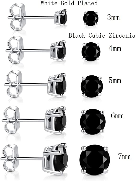 Pack of 5 Pairs 3-7mm Stud Earrings 18K White Gold Plated Black Cubic Zirconia