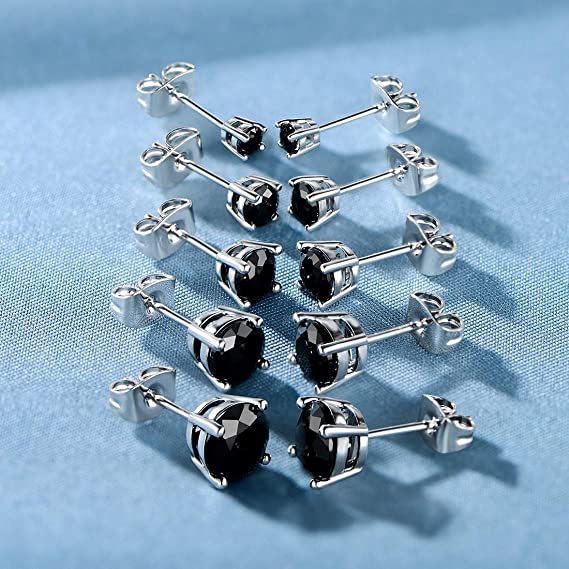 Pack of 5 Pairs 3-7mm Stud Earrings 18K White Gold Plated Black Cubic Zirconia