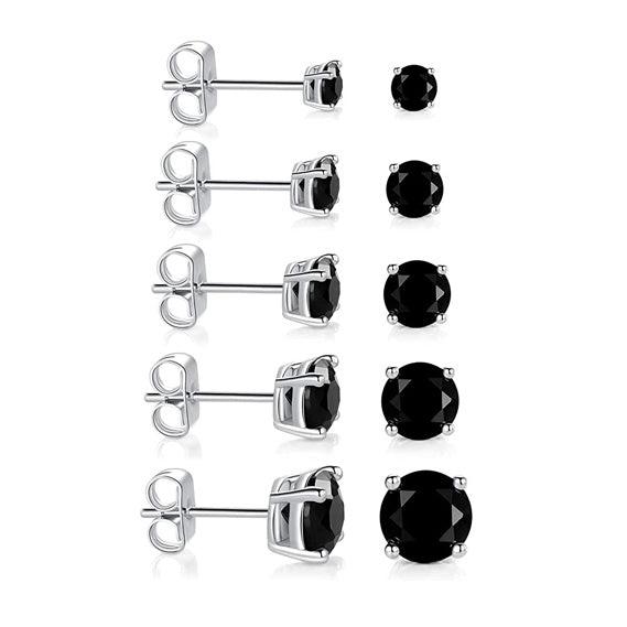 Pack of 5 Pairs 3-7mm Stud Earrings 18K White Gold Plated Black Cubic Zirconia
