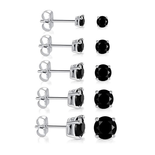 Pack of 5 Pairs 3-7mm Stud Earrings 18K White Gold Plated Black Cubic Zirconia