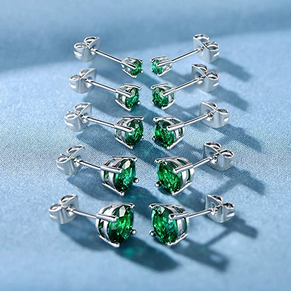Pack of 5 Pairs 18K White Gold Plated Stud Earrings 3-7mm Emerald Cubic Zirconia
