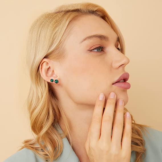 Pack of 5 Pairs 18K White Gold Plated Stud Earrings 3-7mm Emerald Cubic Zirconia