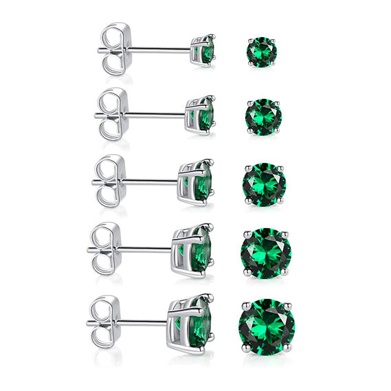 Pack of 5 Pairs 18K White Gold Plated Stud Earrings 3-7mm Emerald Cubic Zirconia