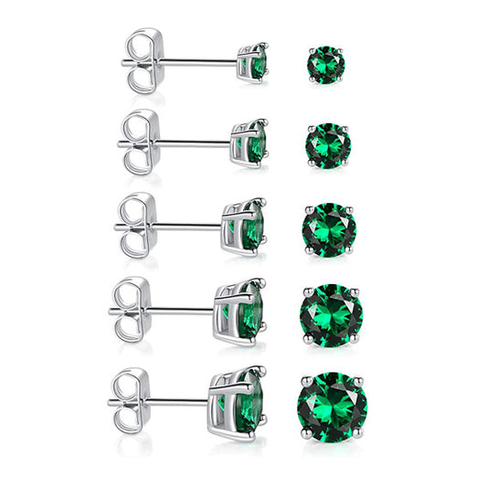 Pack of 5 Pairs 18K White Gold Plated Stud Earrings 3-7mm Emerald Cubic Zirconia