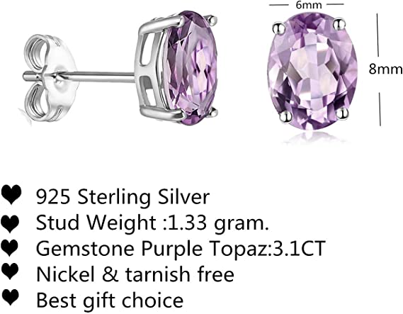 Sterling Silver Stud Earrings  Purple Topaz Hypoallergenic Jewelry for Women