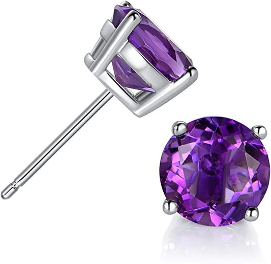 Sterling Silver Stud Earrings Purple Amethyst Gemstone Hypoallergenic Jewelry for Women