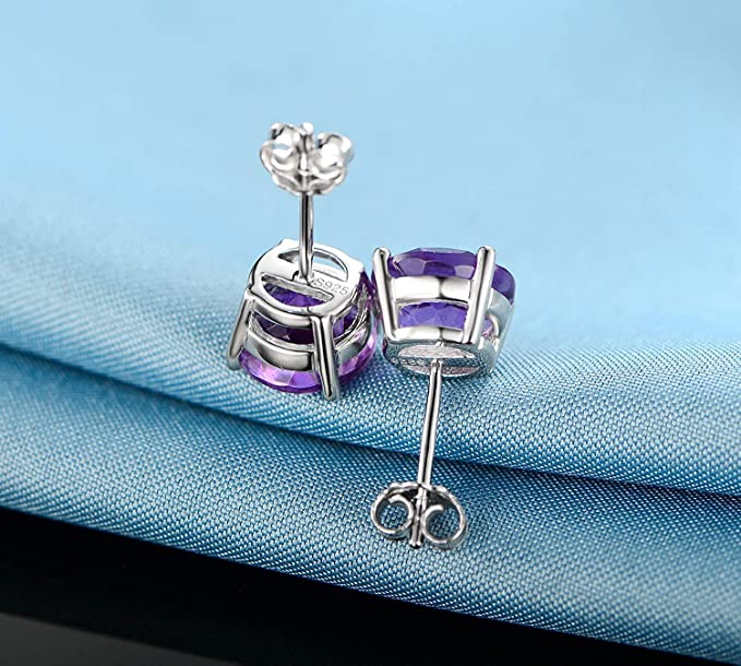 Sterling Silver Stud Earrings Purple Amethyst Gemstone Hypoallergenic Jewelry for Women