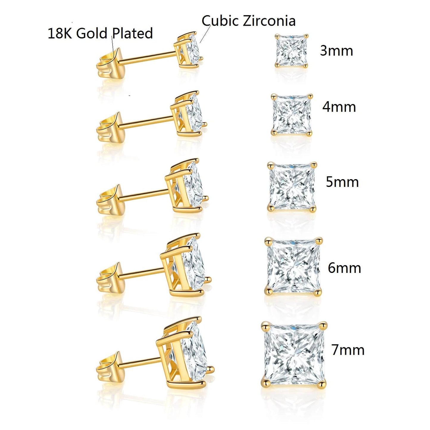 GEMSME 18K Yellow Gold Plated Princess Cut Cubic Zirconia Stud Earrings