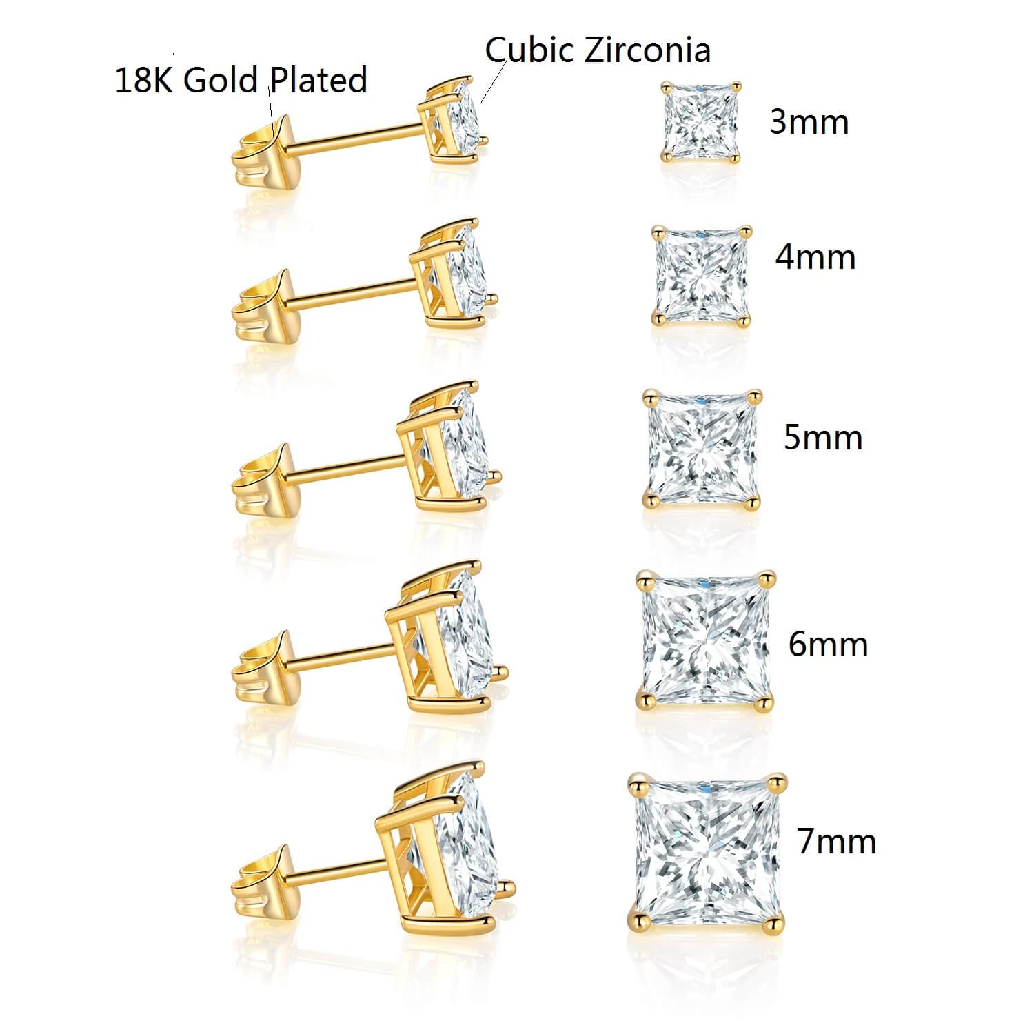 GEMSME 18K Yellow Gold Plated Princess Cut Cubic Zirconia Stud Earrings