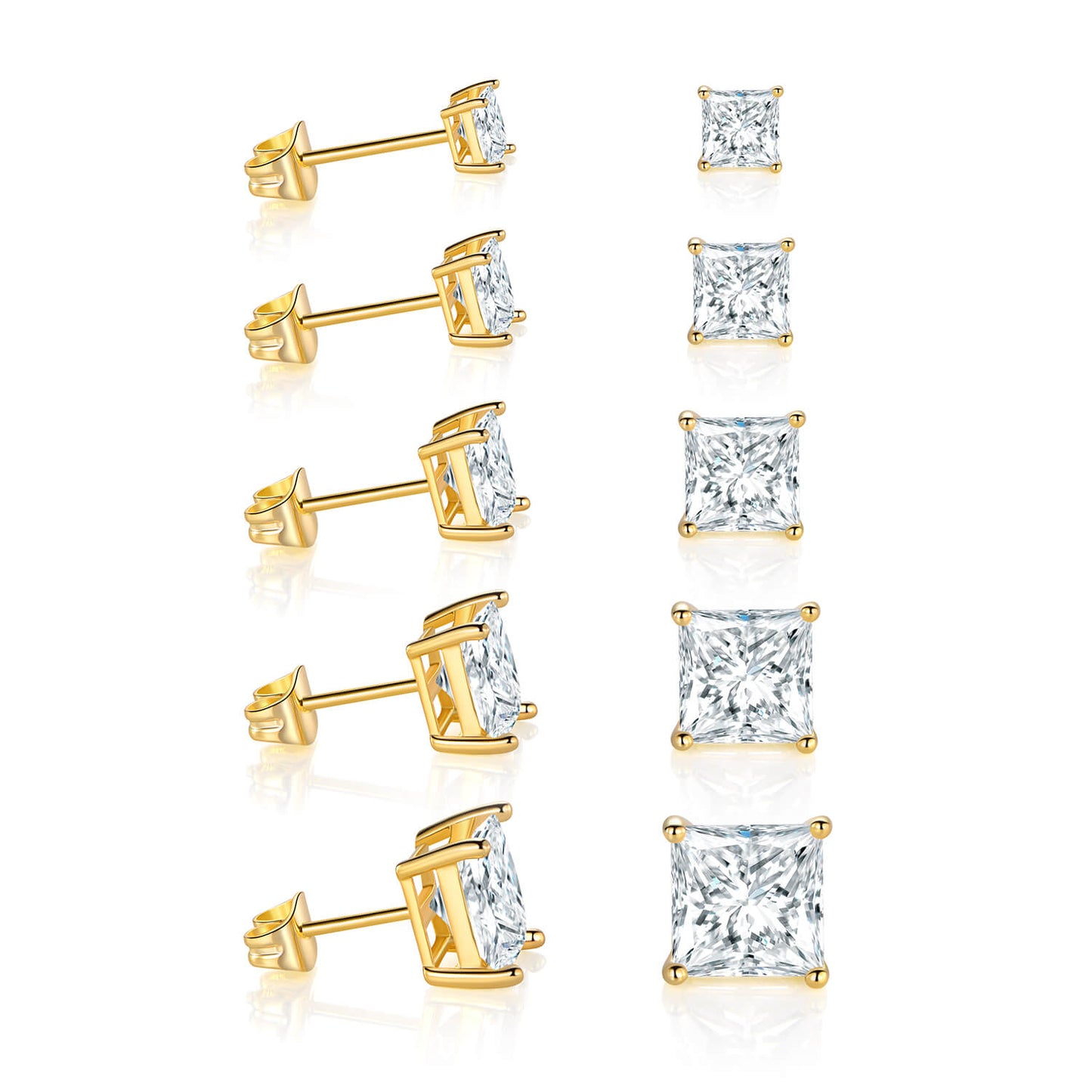 GEMSME 18K Yellow Gold Plated Princess Cut Cubic Zirconia Stud Earrings