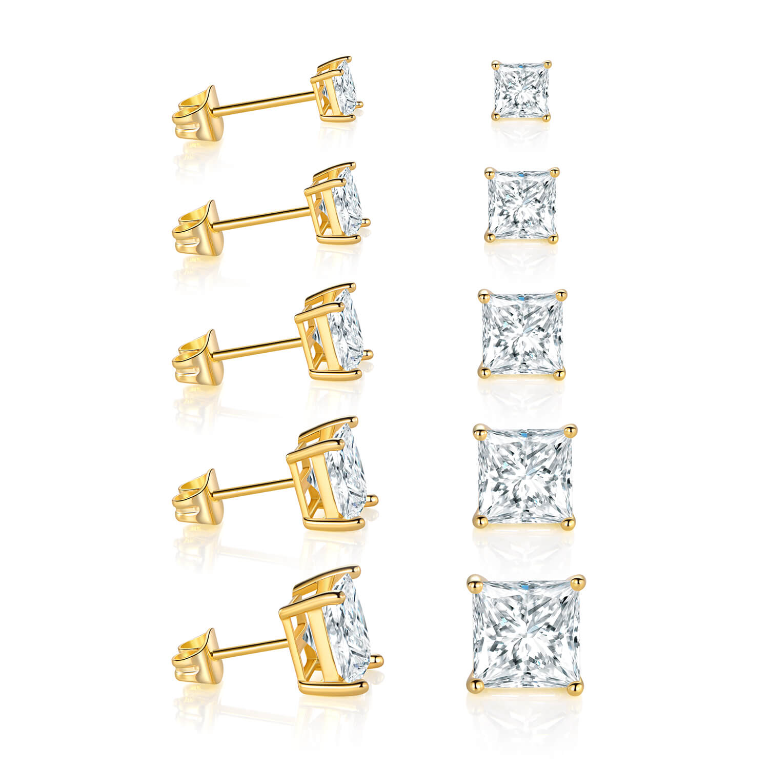 GEMSME 18K Yellow Gold Plated Princess Cut Cubic Zirconia Stud Earrings