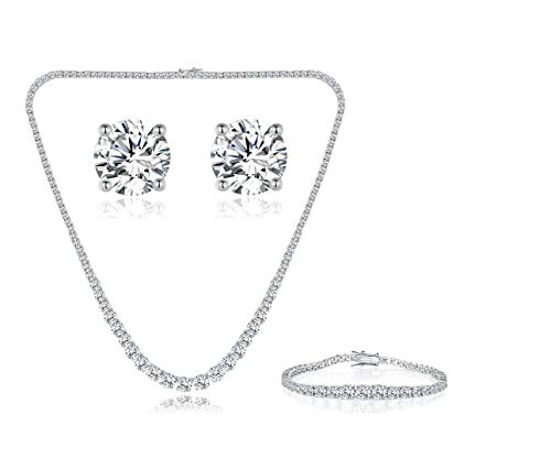 Gemsme 18K White Gold Plated Graduated Round Cubic Zirconia Tennis Necklace/Bracelet/Earrings Sets Pack of 3