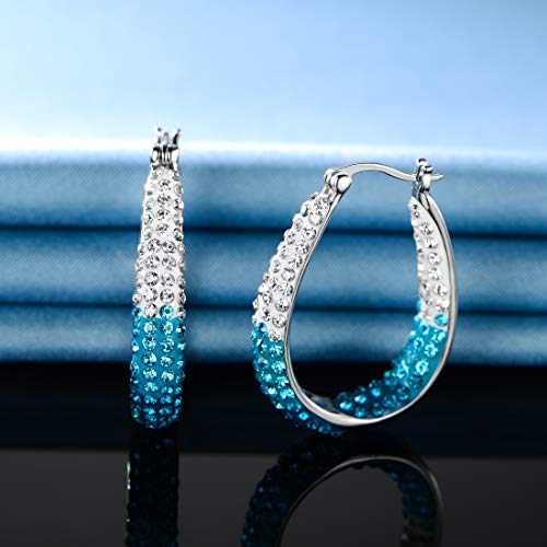 GEMSME 14K Gold Plated White and Blue Crystal Created Hoop Earrings for Women Christmas Gift