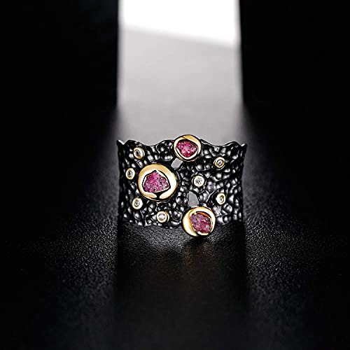 GEMSME 925 Sterling Silver Band Rings for Women & Men Red Gemstone Black Ring Hypoallergenic Personalized Jewelry Gift for Halloween