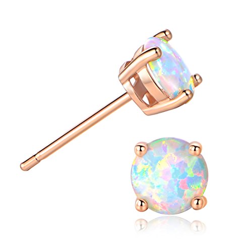 GEMSME 18K Rose Gold Plated Opal Stud Earrings 6MM Round For Women