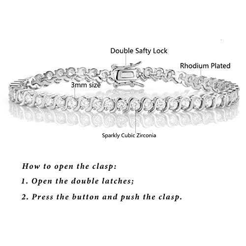 GEMSME 18K White Gold Plated Cubic Zirconia Bracelet Created S Shape Tennis Bracelet for Women 7.5 Inch
