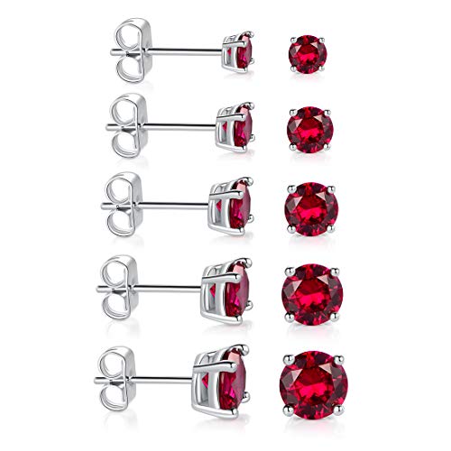 18K White Gold Plated Stud Earrings 4 Prong Brilliant Round Cut 3-7MM Ruby / Emerald / Sapphire Cubic Zirconia Earring Studs ( 5 Pairs )