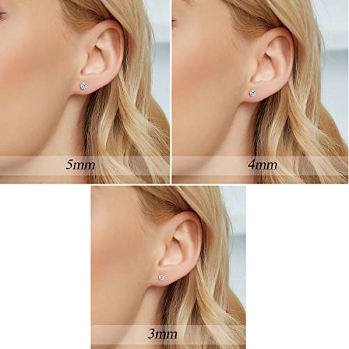 925 Sterling Silver Filled White Gold 4 Pong Round Clear Moissanite Stud Earring for Women 3/4/5mm Pack of 3 Pairs